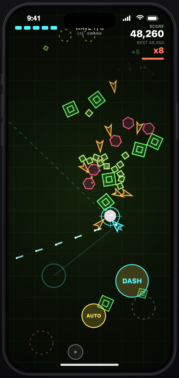 SamNeon gameplay: the player ship surrounded by a swarm of glowing enemies