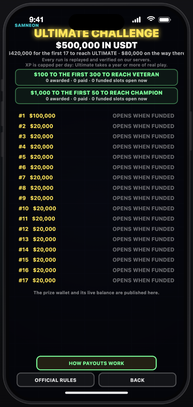 The in-app prize board showing the $500,000 pool, the two paying rungs and the 17 Ultimate places