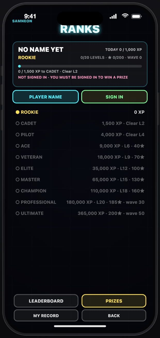 The in-app rank ladder from Rookie to Ultimate with the XP and skill requirement for each rank